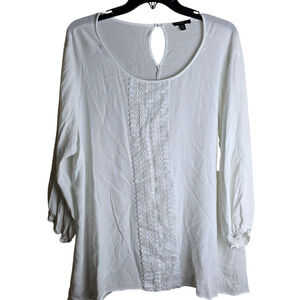 Women’s Large White Boho Lace Crinkle Peasant Tunic Keyhole 3/4 Sleeve Shirt